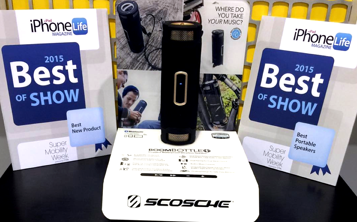 Scosche wireless speaker placed on facts sheet next to awards for iPhone and iPad Life Magazine 2015 Best of Show Best New Product and Best Portable Speakers