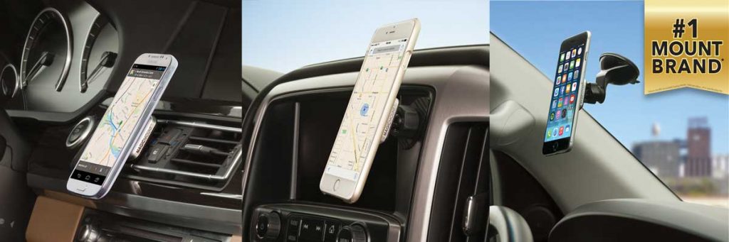 separate images of phone mounted to car vent, dash and windshield. #1 Mount Brand