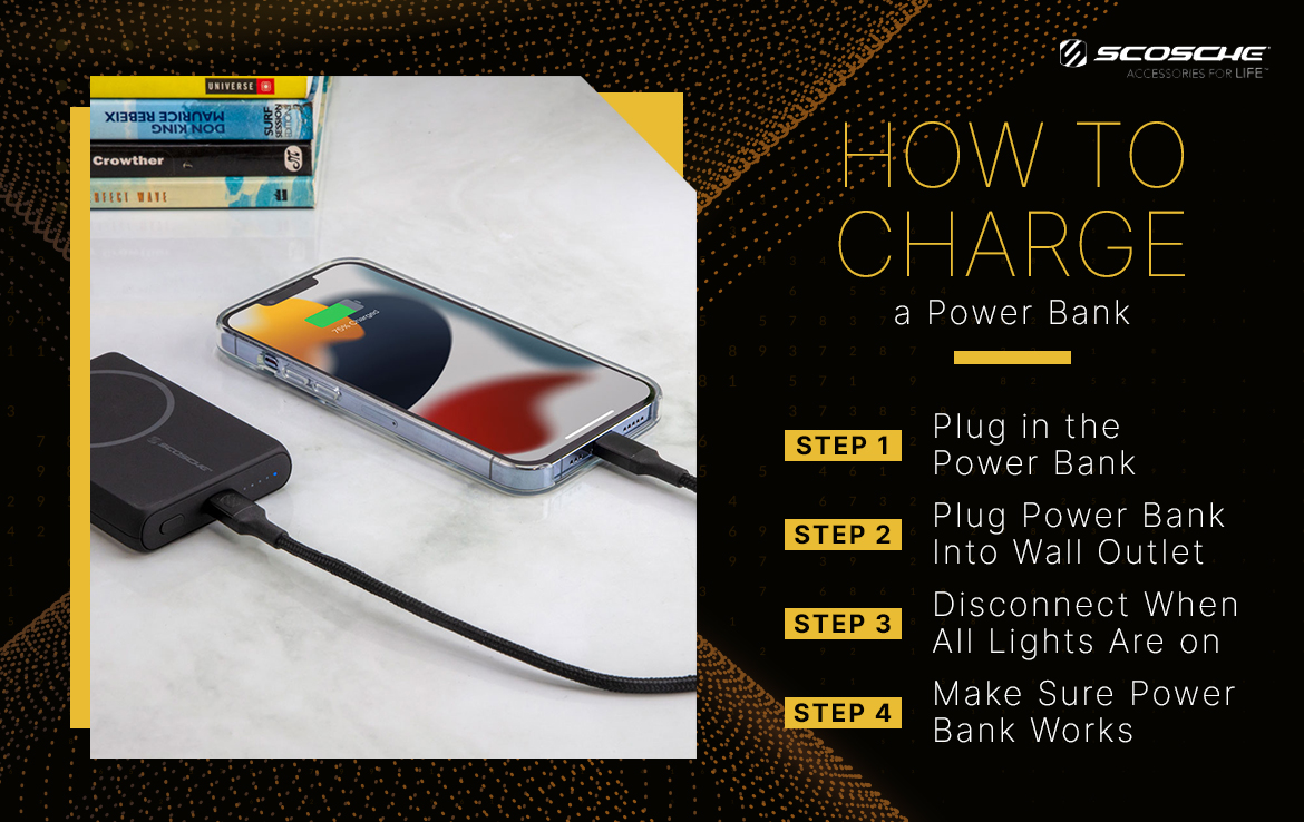 How to Charge a Power Bank How to Charge a Power Bank. Step 1 plug in the Power Bank. Step 2 Plug Power Bank into wall outlet. Step 3 Disconnect when all lights are on. Step 4 make sure power bank works. iphone charging via power bank