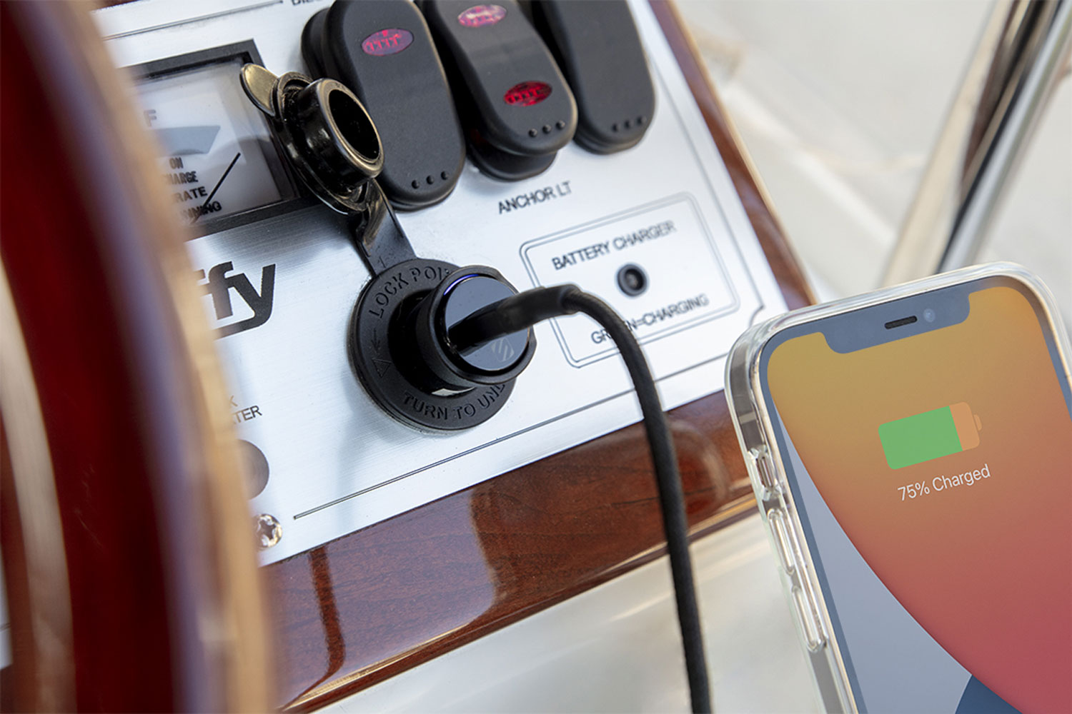 iphone charging via Scosche power delivery charger plugged into boat socket