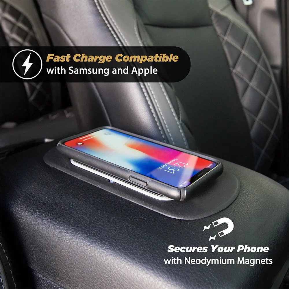 fast charge compatible fast charge compatible with Samsung and Apple. Secures your phone with Neodymium Magnets. phone charging via wireless charger custom fit to car arm rest.